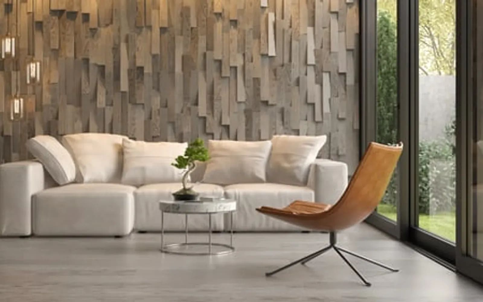 Modern living room with textured wood accent wall paneling and coastal furnishings