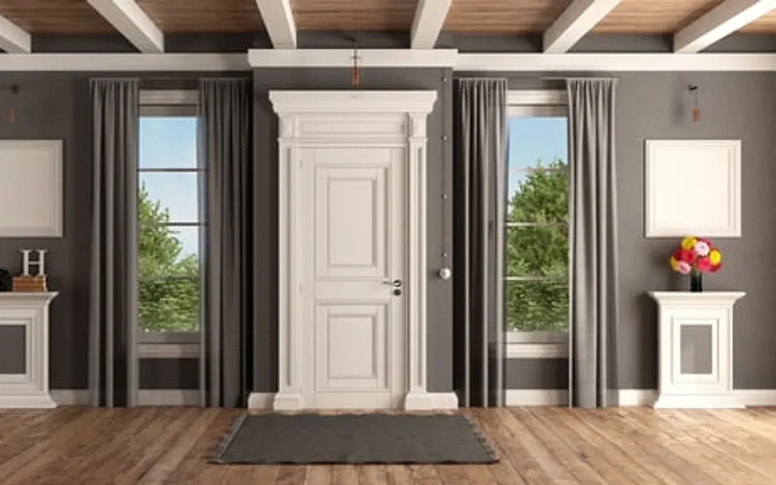 Elegant paneled entry door with pilaster and pediment trim detail on a luxury home