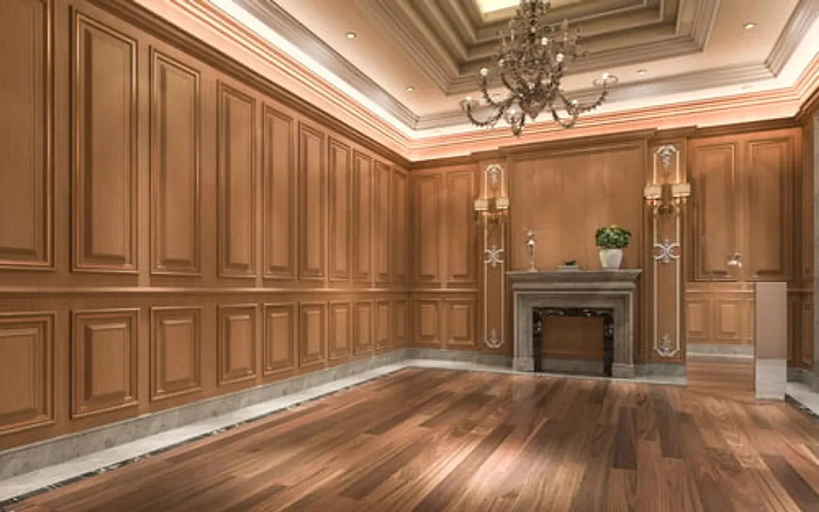 Richly paneled wood room with raised panel wainscoting and coffered ceiling detail
