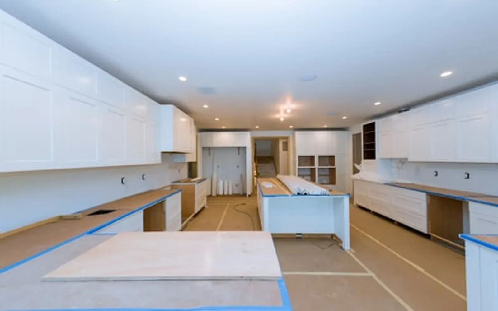 Bright open-plan interior during a whole-home remodel showing new trim and finishes